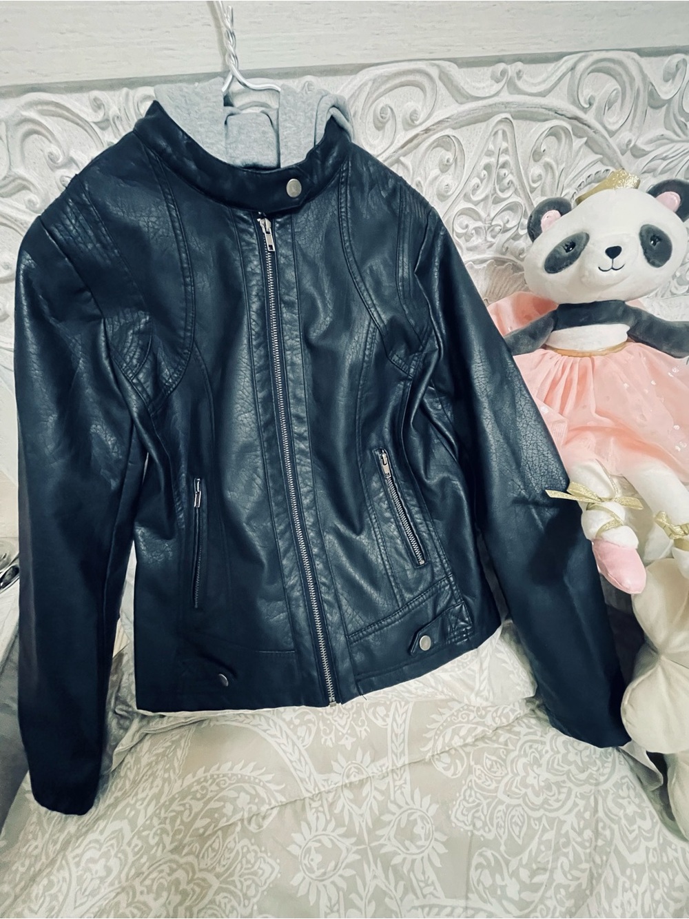 Kids Black Faux Leather Moto Jacket with Zip Pockets